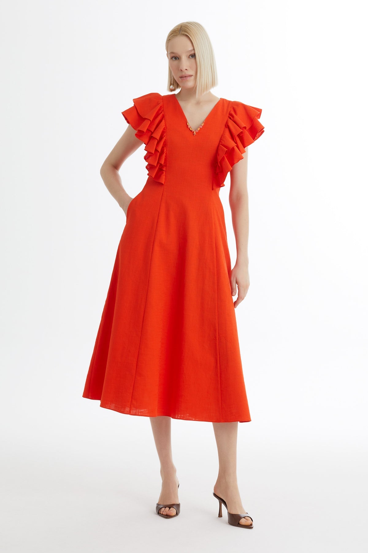 Red Ruffle Sleeve V-Neck Dress