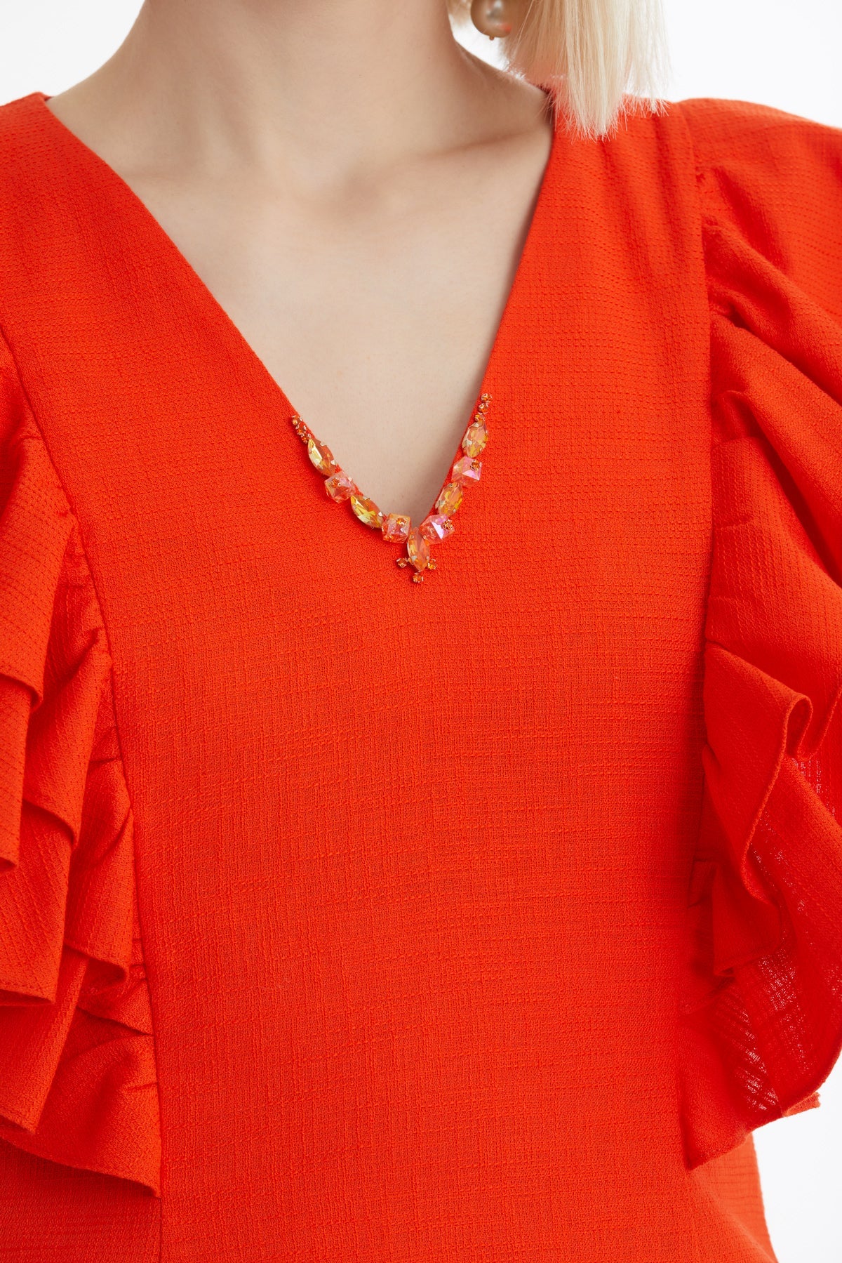 Red Ruffle Sleeve V-Neck Dress