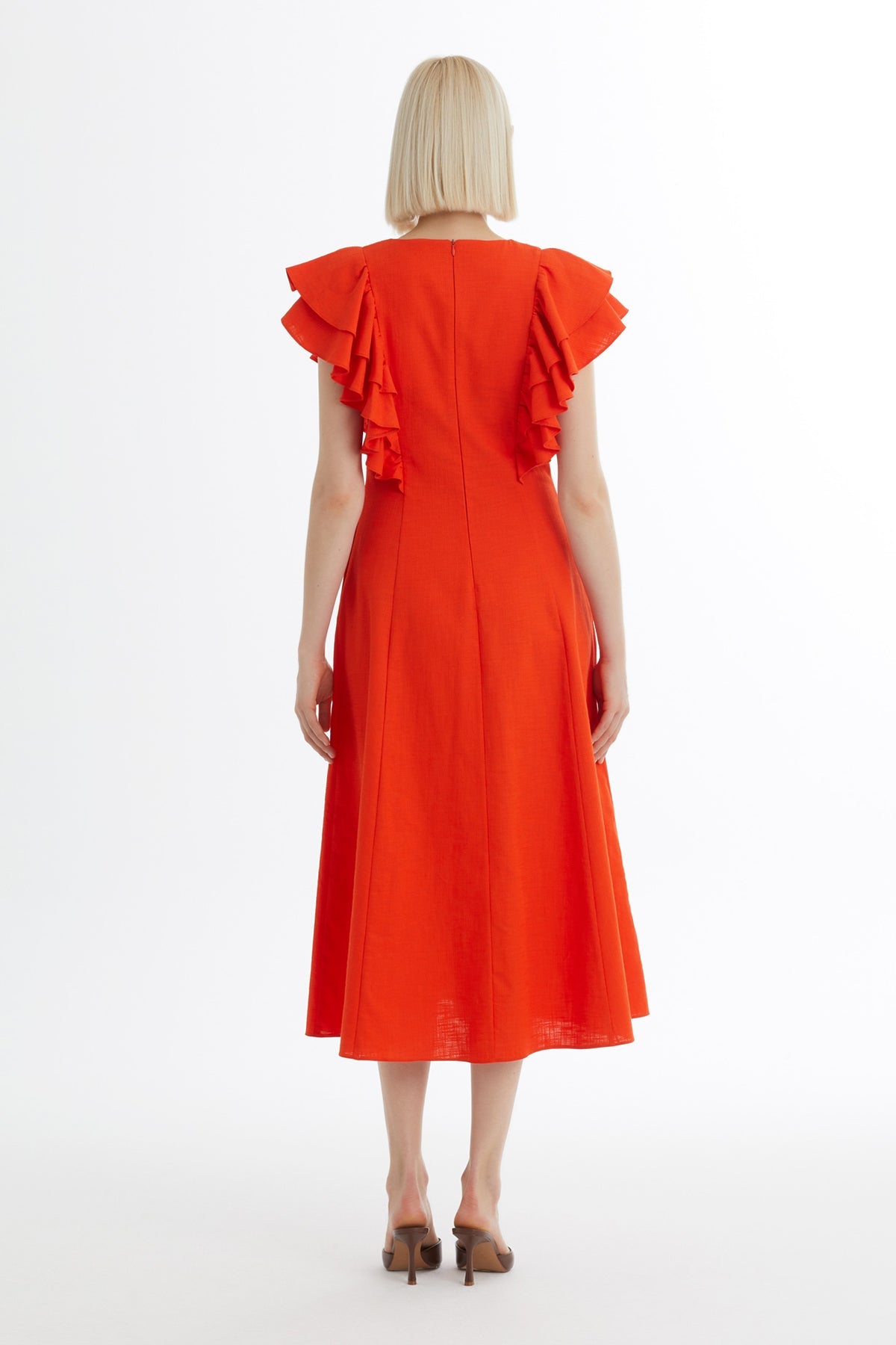 Red Ruffle Sleeve V-Neck Dress
