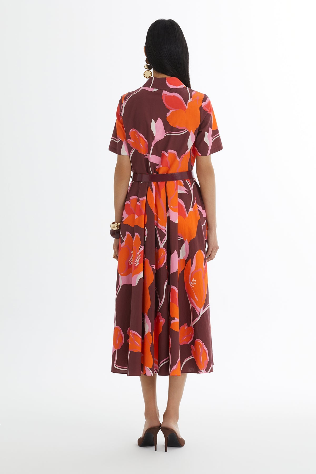Red Leather-Belted Ruffle Dress
