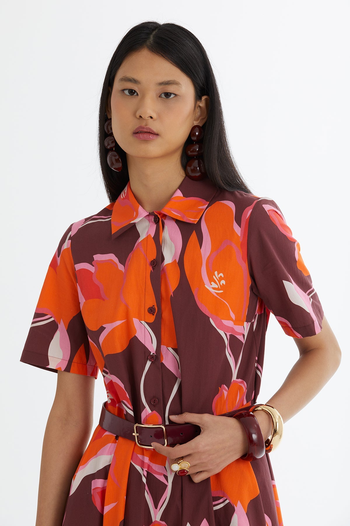 Red Leather-Belted Ruffle Dress