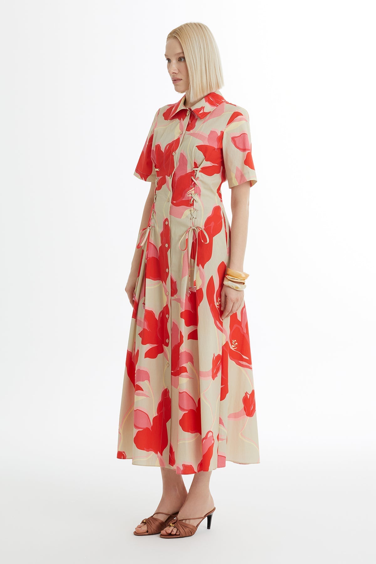 Beige Tie-Detail Pleated Patterned Dress