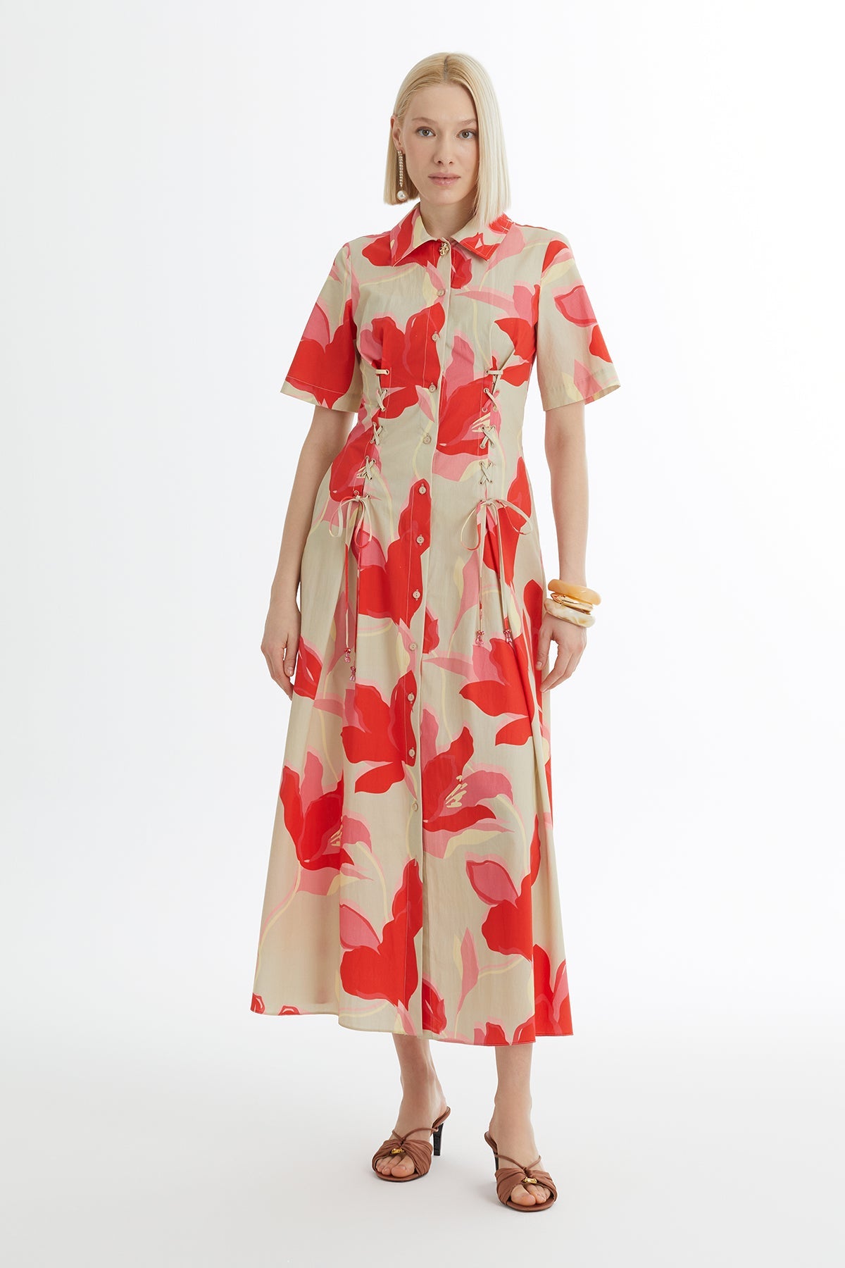Beige Tie-Detail Pleated Patterned Dress