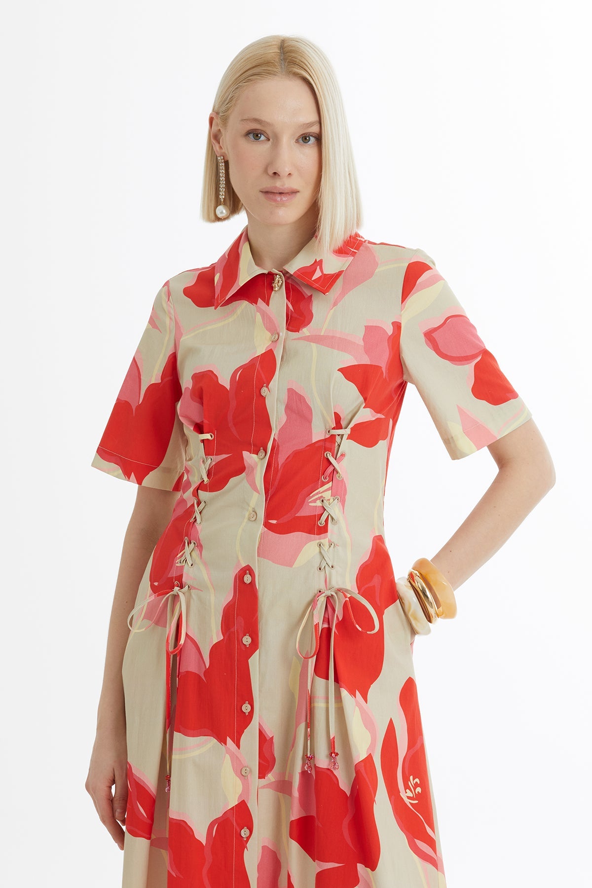 Beige Tie-Detail Pleated Patterned Dress
