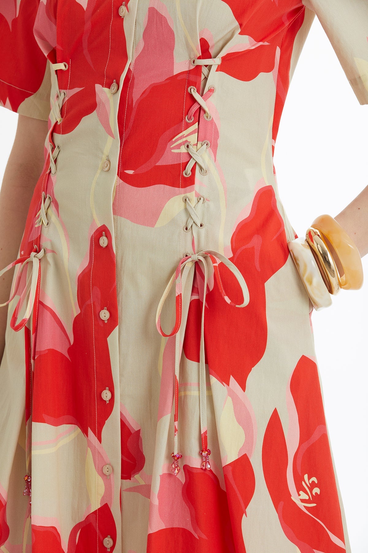 Beige Tie-Detail Pleated Patterned Dress
