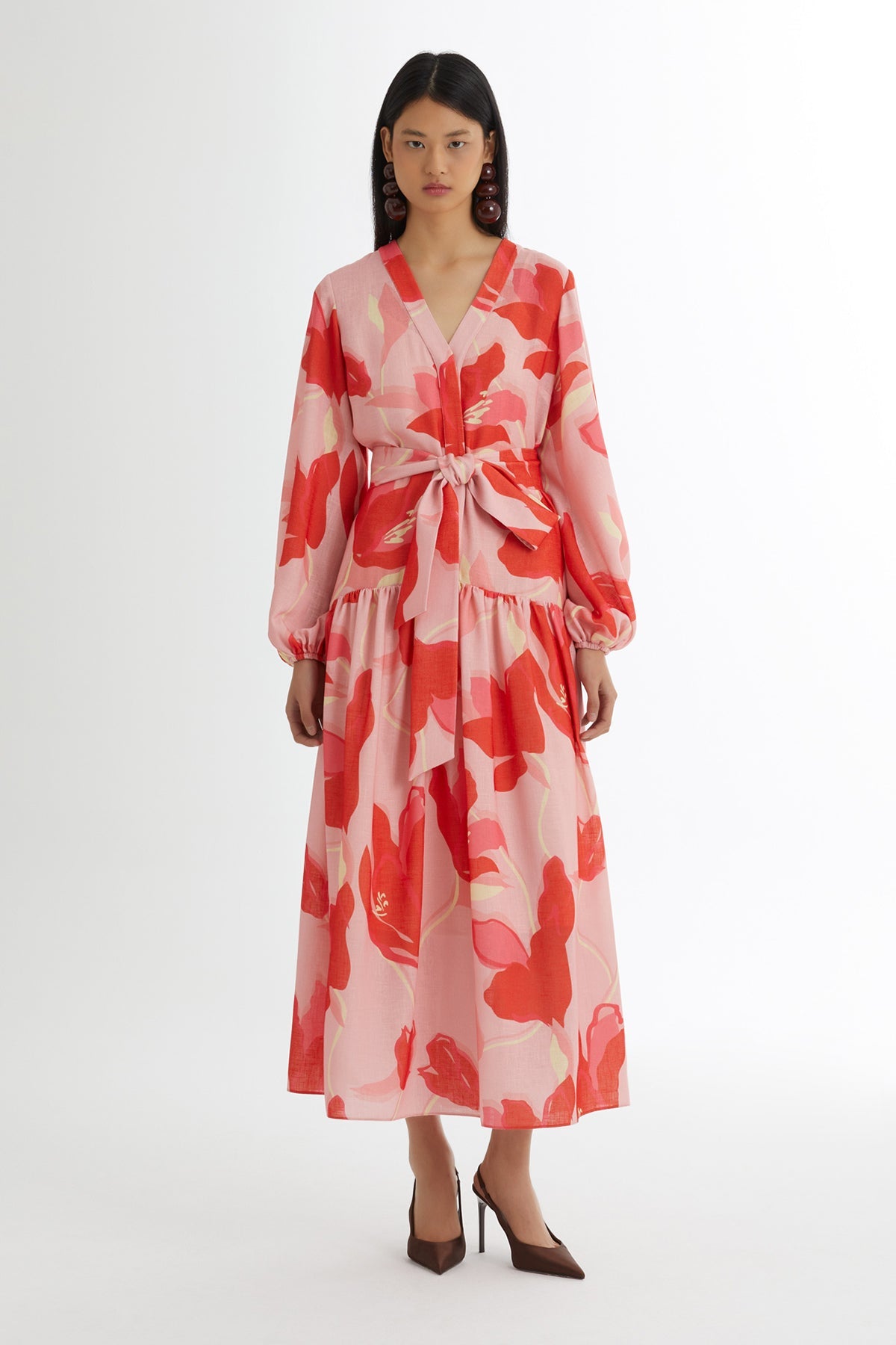 Pink Tie-Waist Patterned Dress