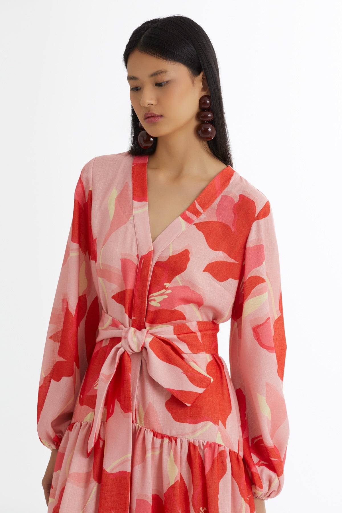 Pink Tie-Waist Patterned Dress
