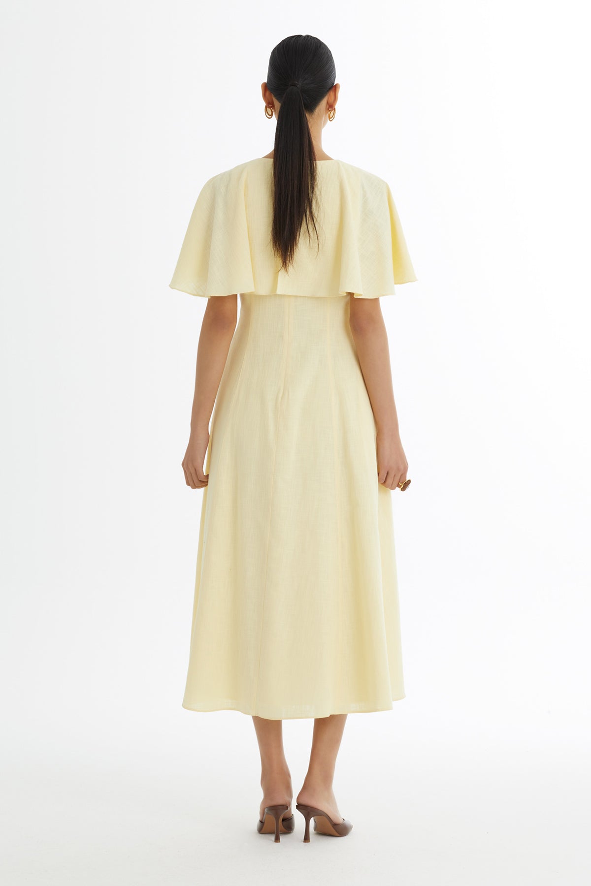 Yellow Cape-Detail Embroidered Dress