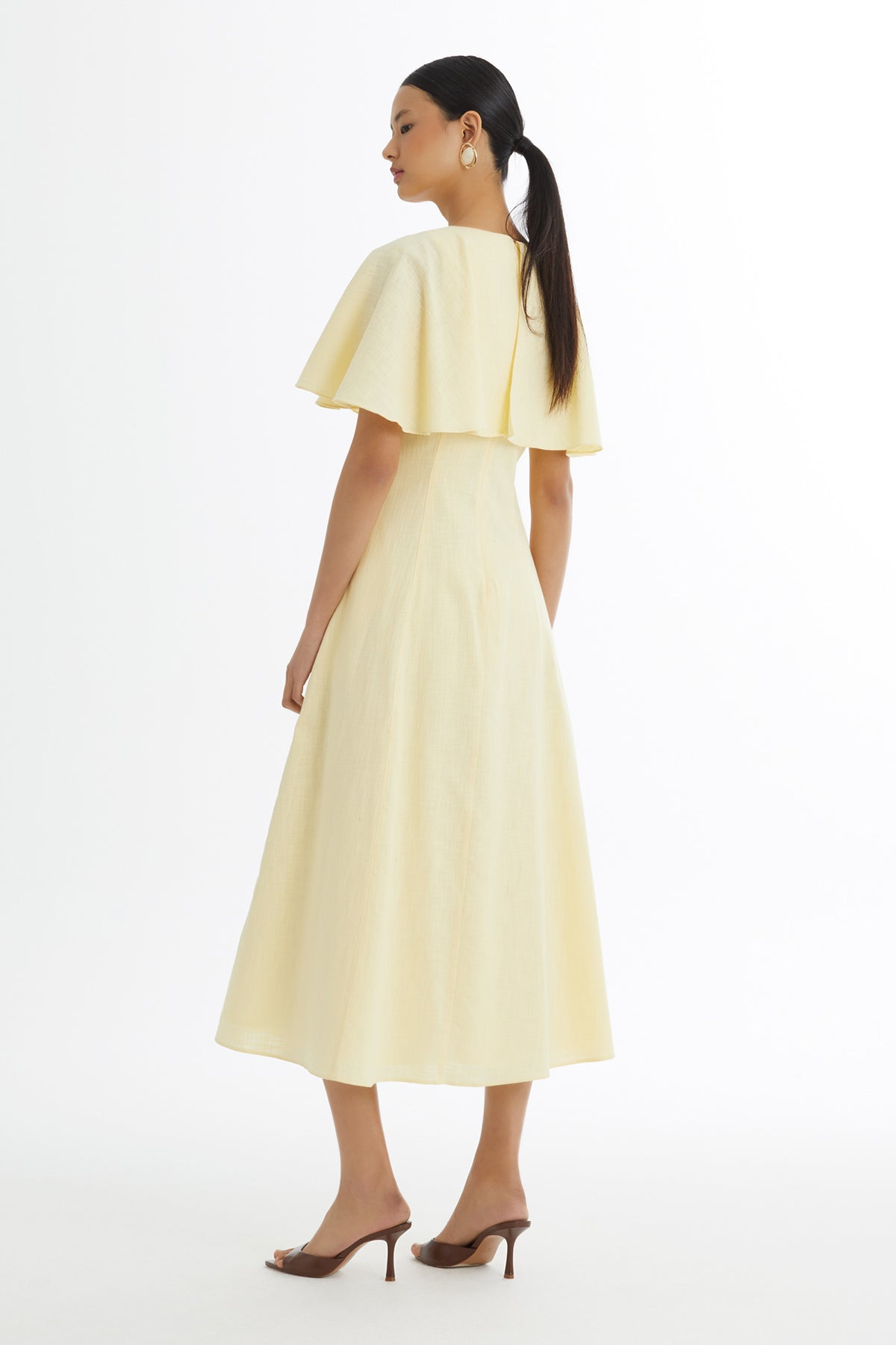 Yellow Cape-Detail Embroidered Dress