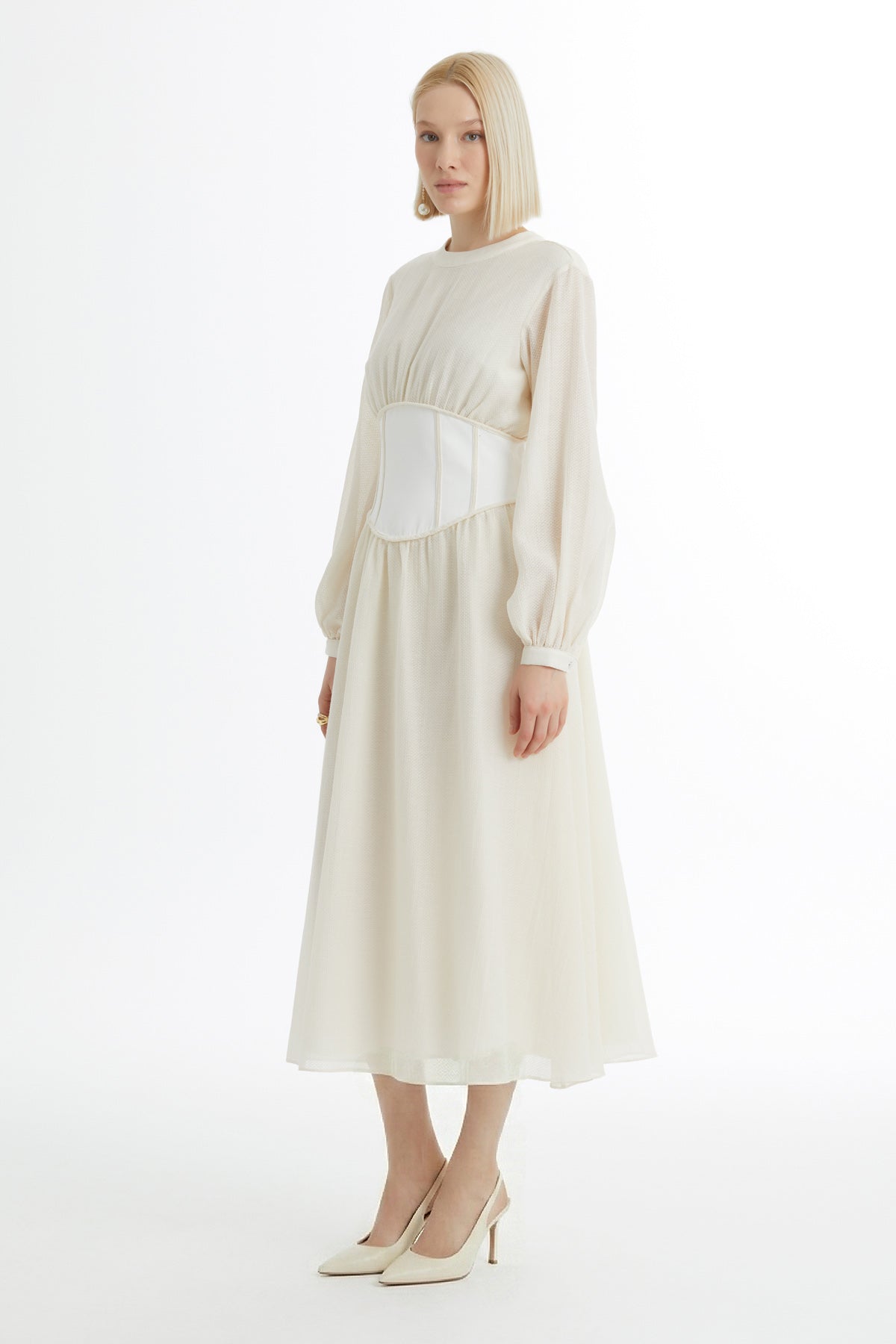 Ecru Corseted Balloon Sleeve Dress