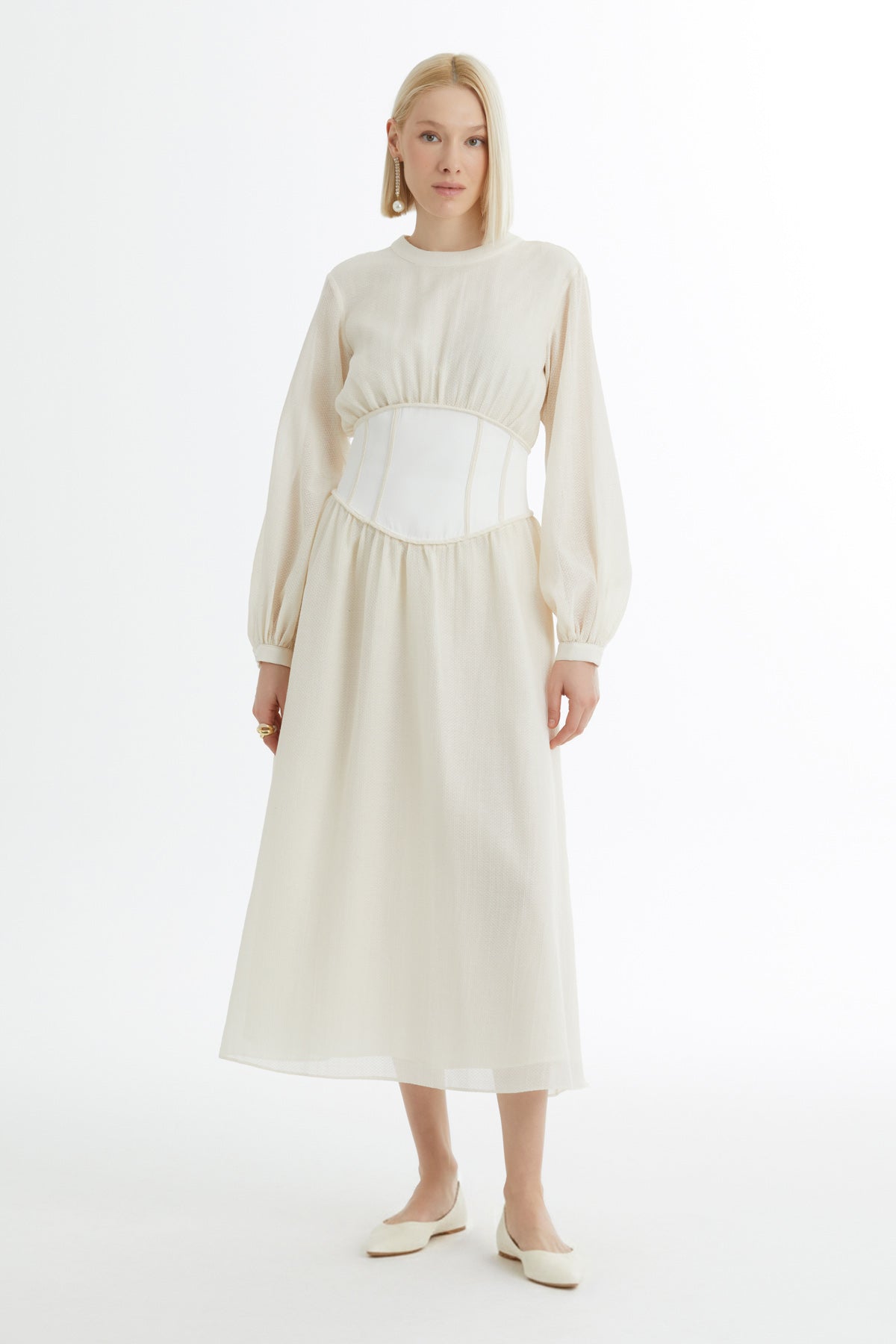 Ecru Corseted Balloon Sleeve Dress
