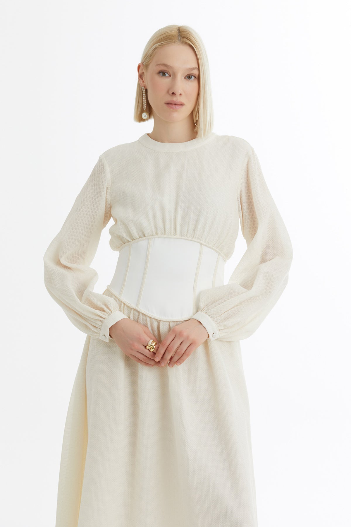 Ecru Corseted Balloon Sleeve Dress