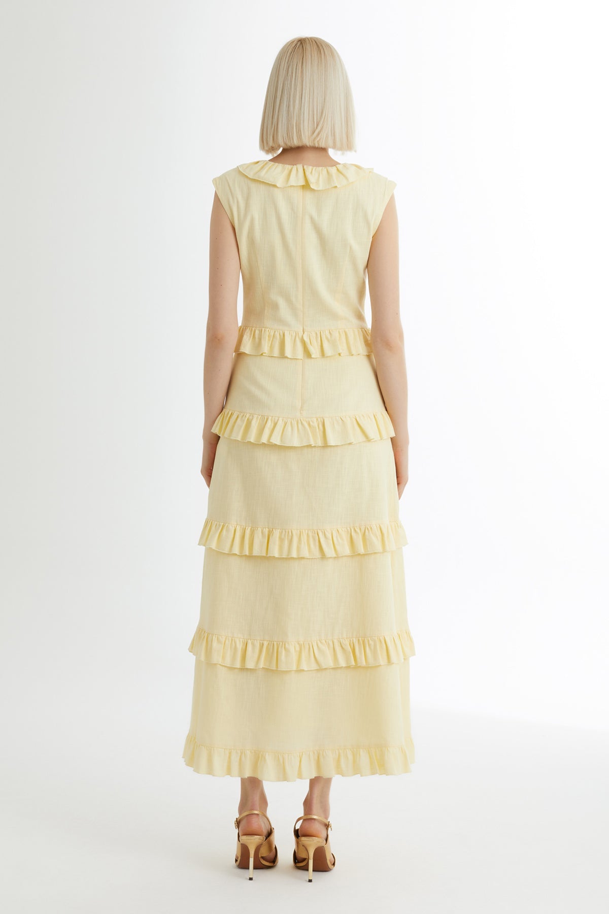Yellow Ruffled Sleeveless Square-Neck Dress