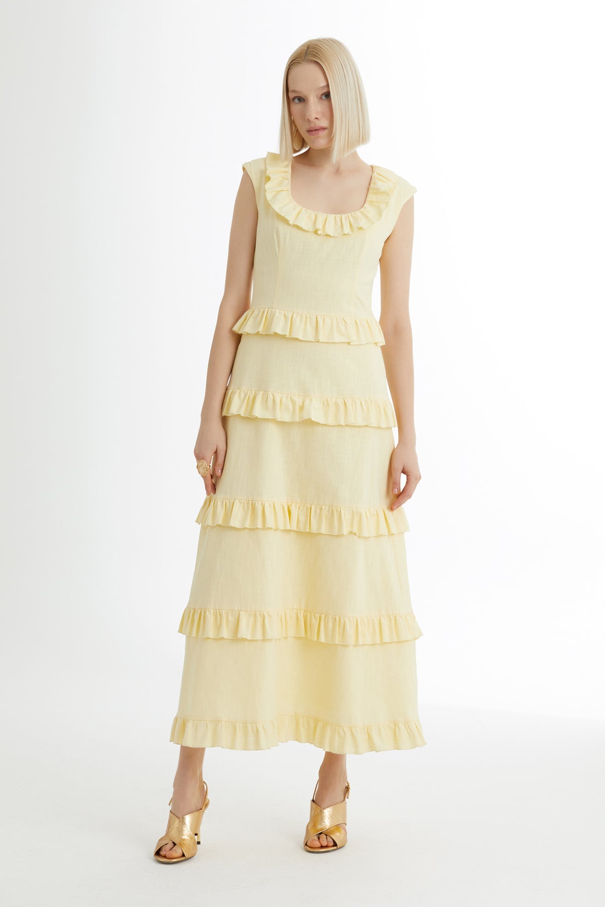 Yellow Ruffled Sleeveless Square-Neck Dress