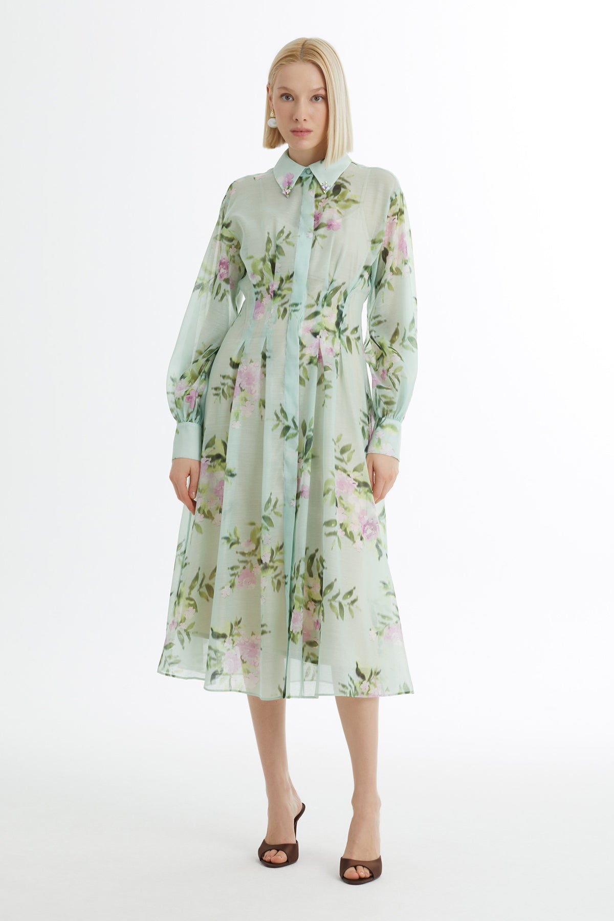 Green Balloon Sleeve Embroidered Dress