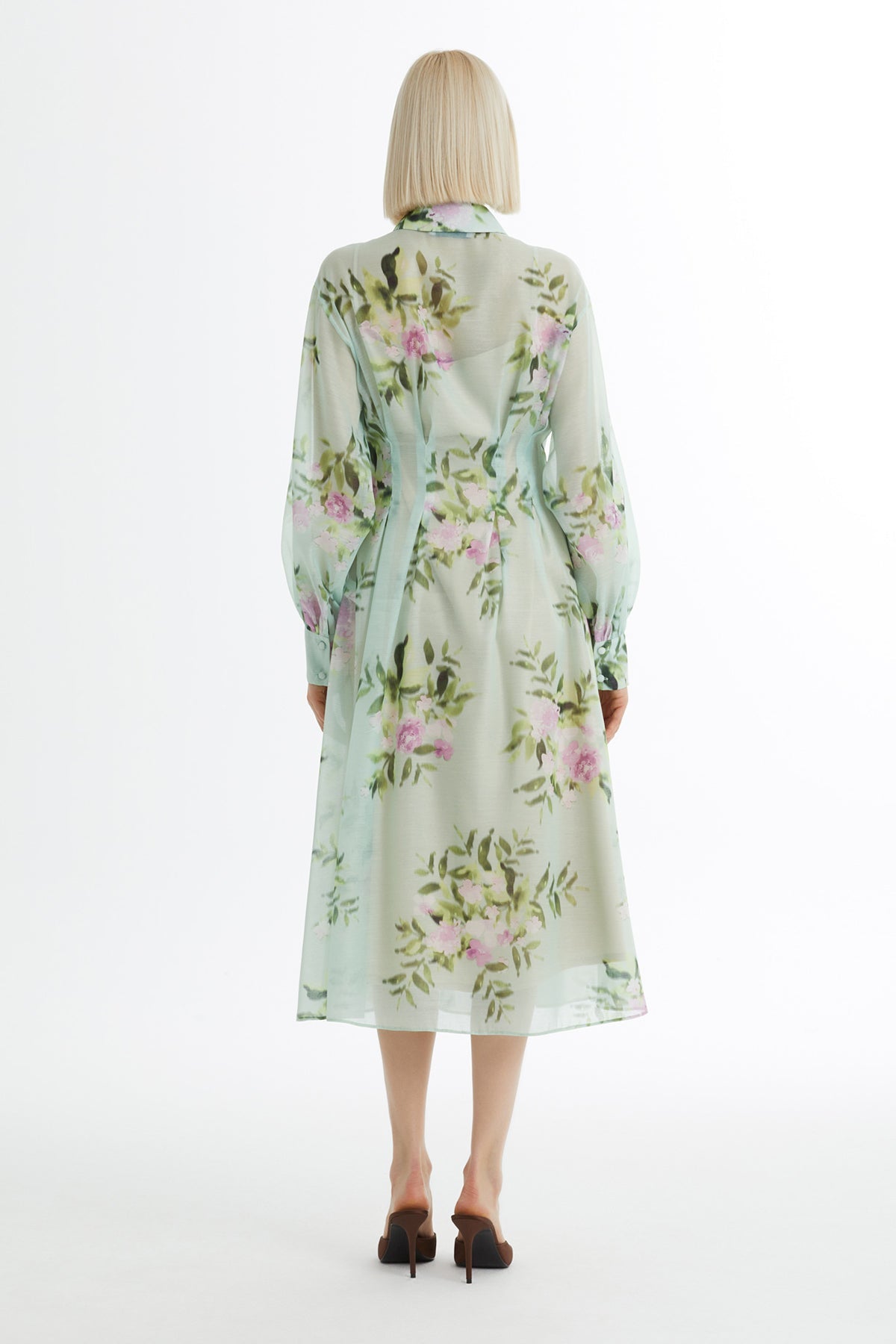 Green Balloon Sleeve Embroidered Dress