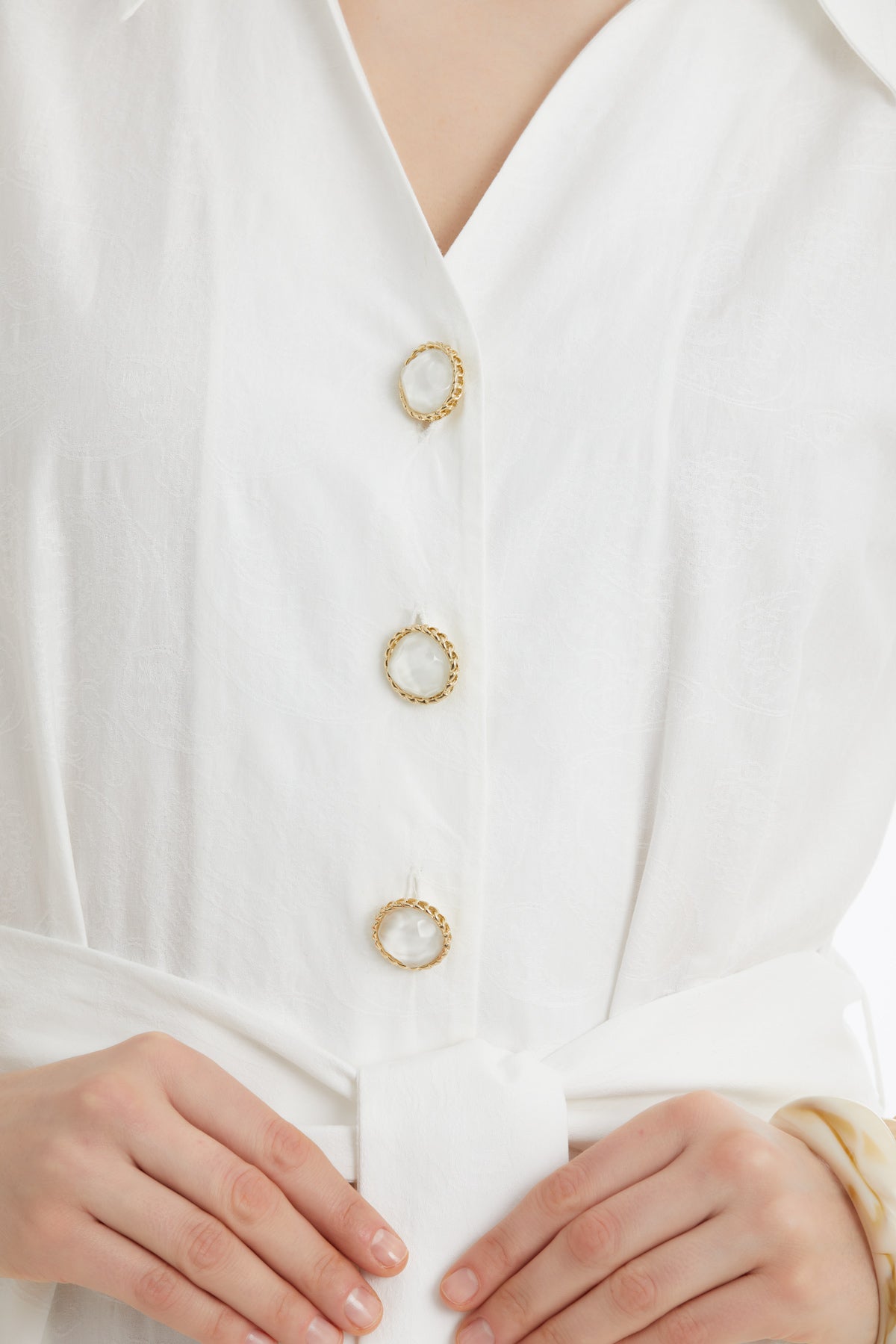 Ecru Gathered Dress with Self-Tie Belt