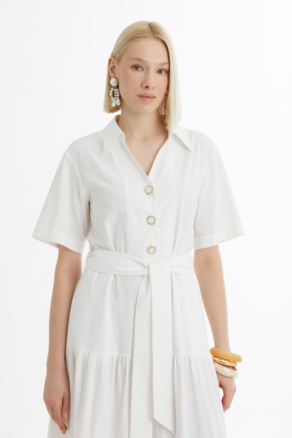 Ecru Gathered Dress with Self-Tie Belt