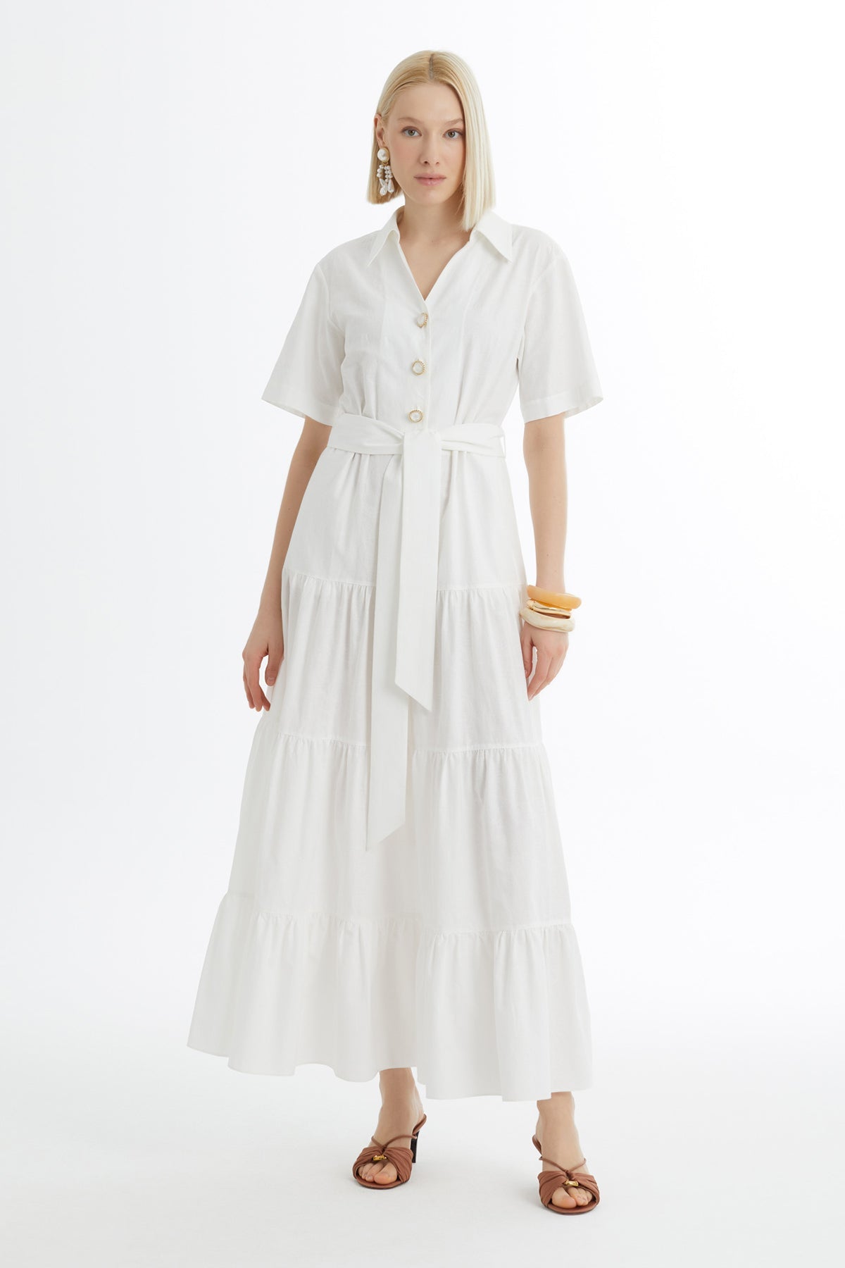 Ecru Gathered Dress with Self-Tie Belt