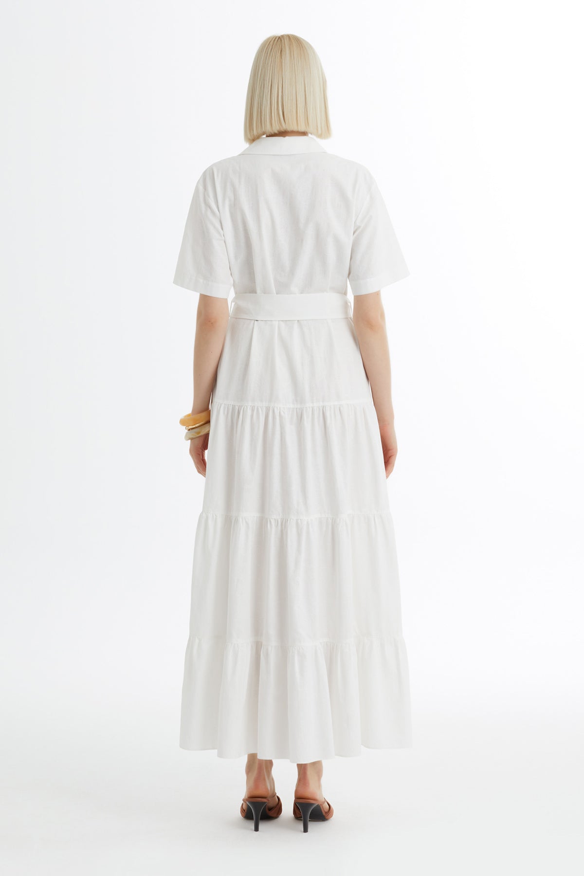 Ecru Gathered Dress with Self-Tie Belt