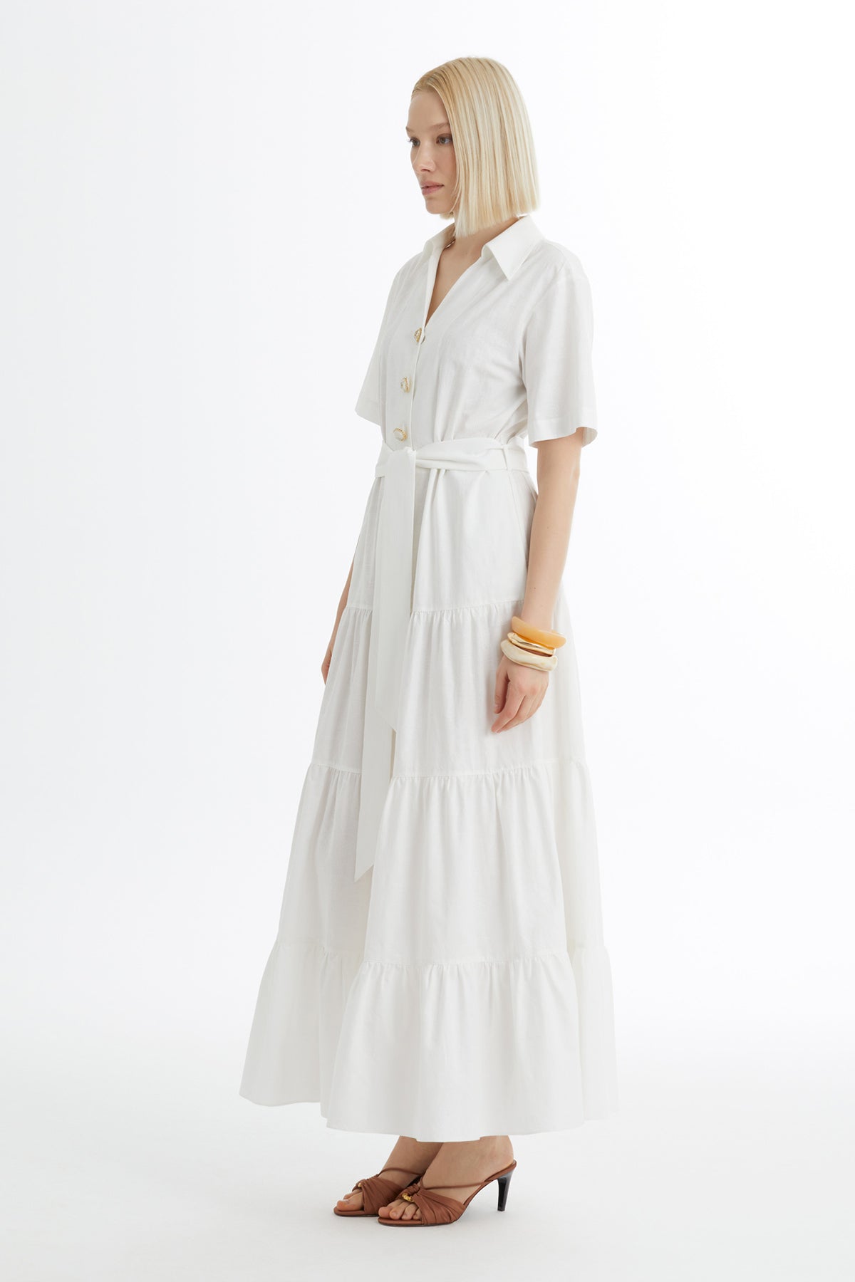 Ecru Gathered Dress with Self-Tie Belt
