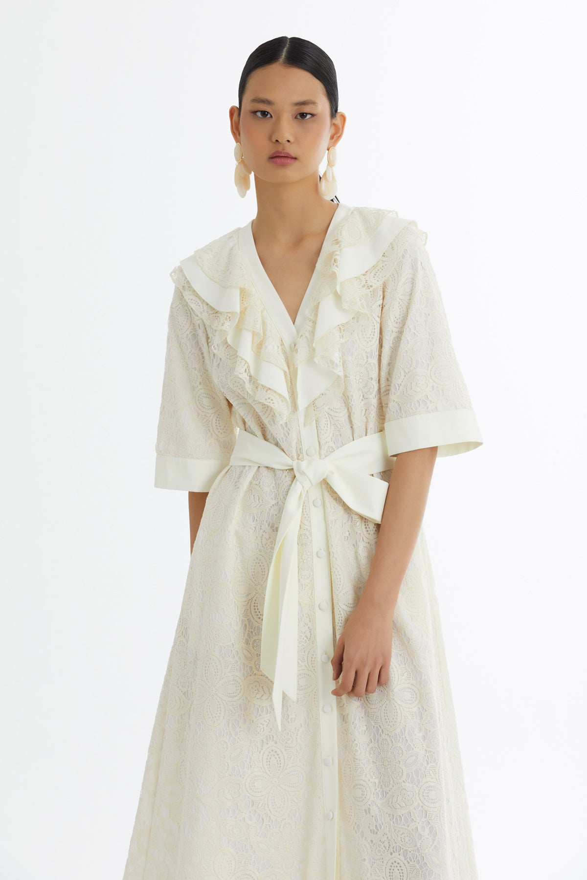 Ecru Ruffle Collar Patterned Dress