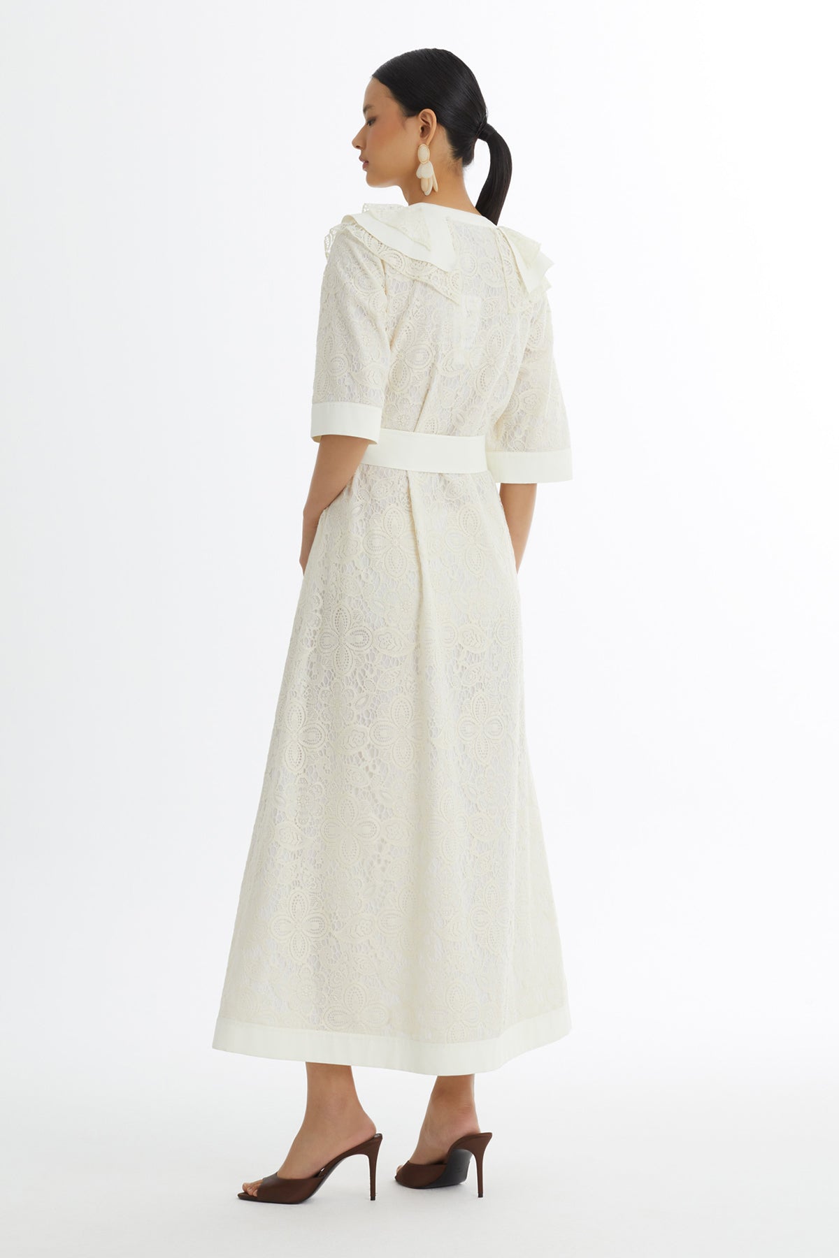 Ecru Ruffle Collar Patterned Dress
