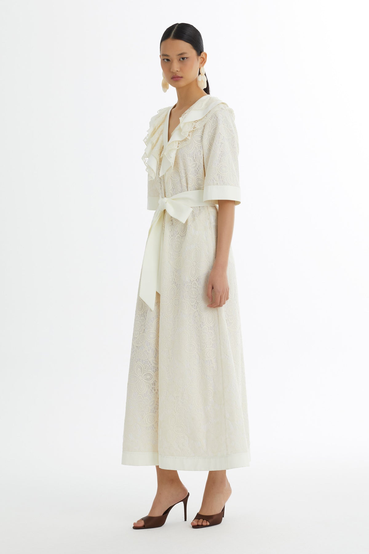 Ecru Ruffle Collar Patterned Dress