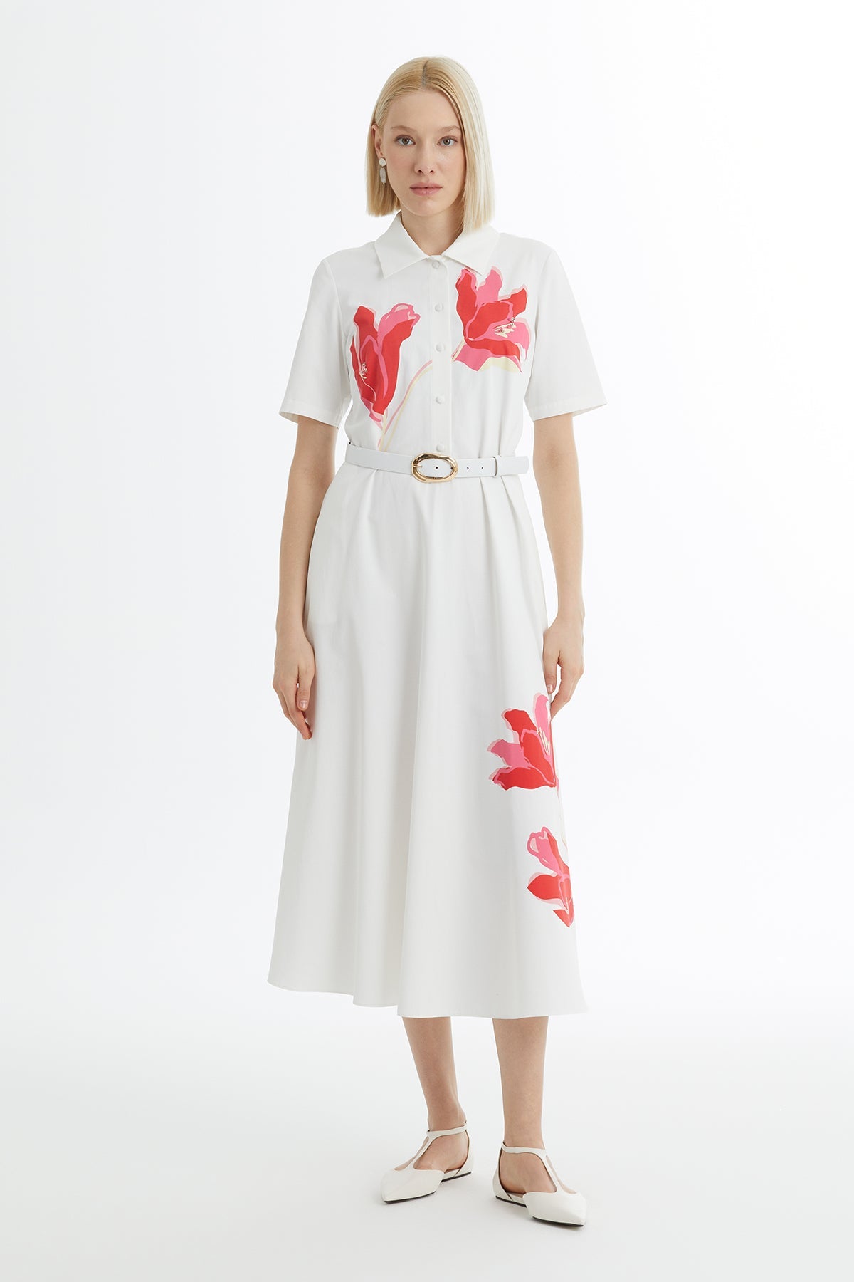 Ecru Printed Embroidered Midi Dress