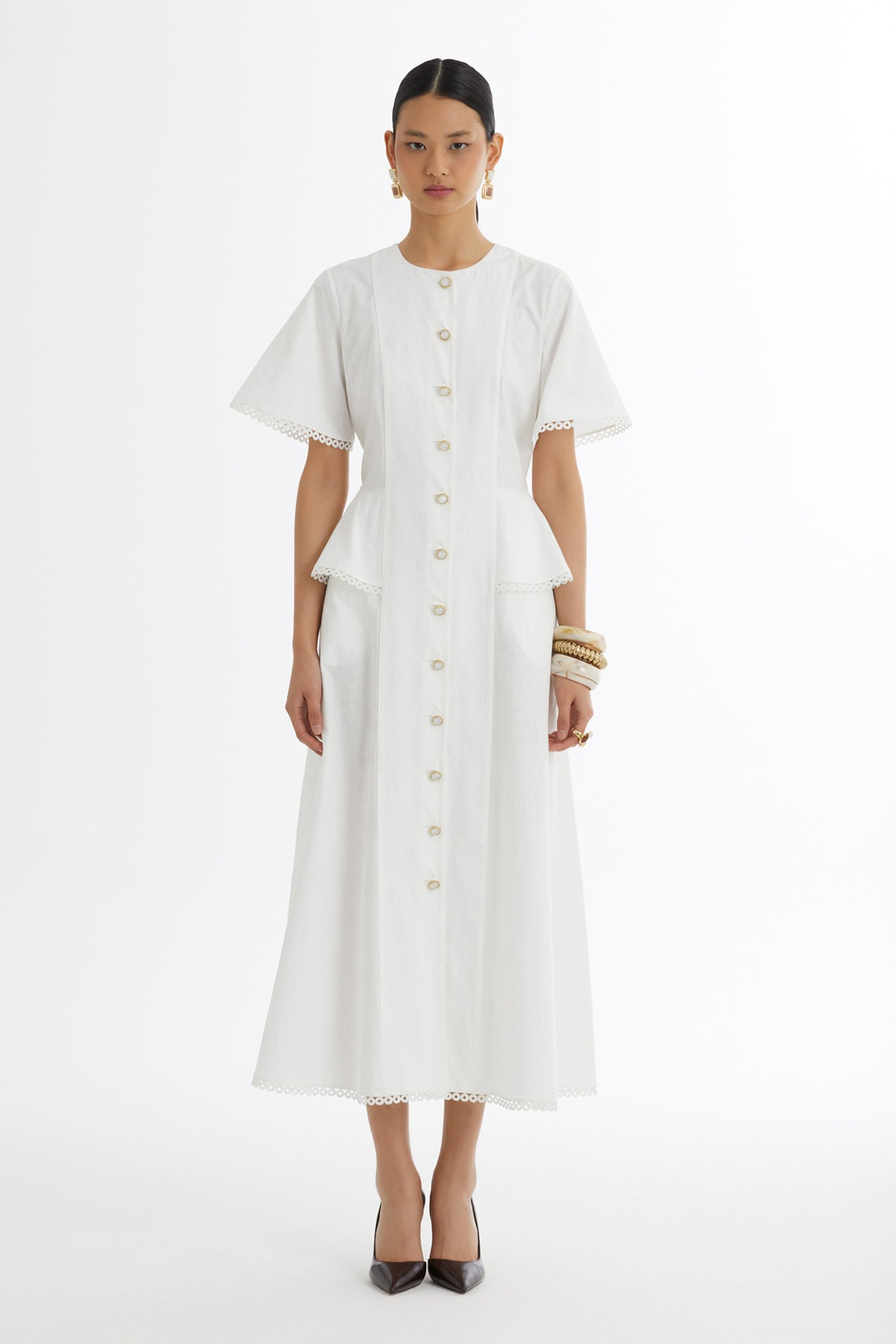 Ecru Piped Detail Patterned Dress