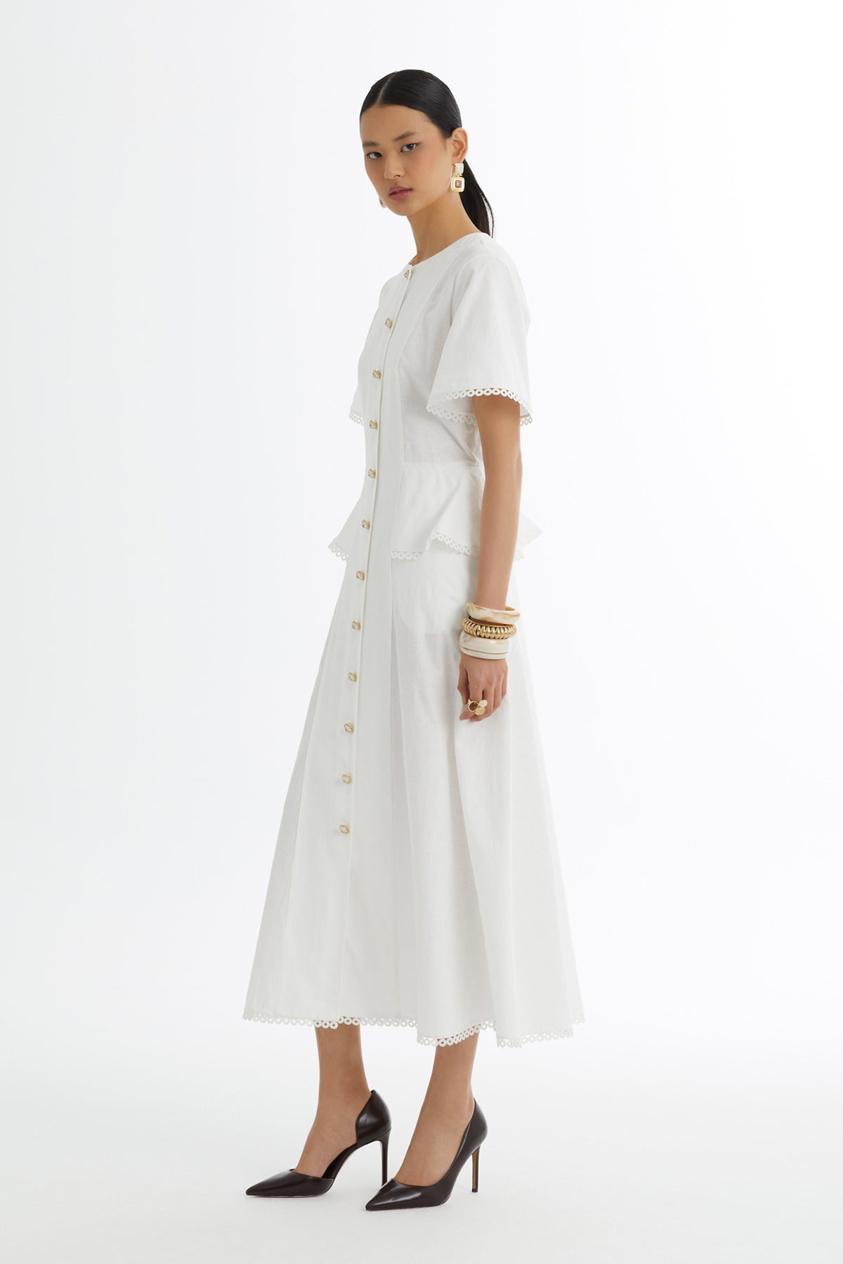 Ecru Piped Detail Patterned Dress