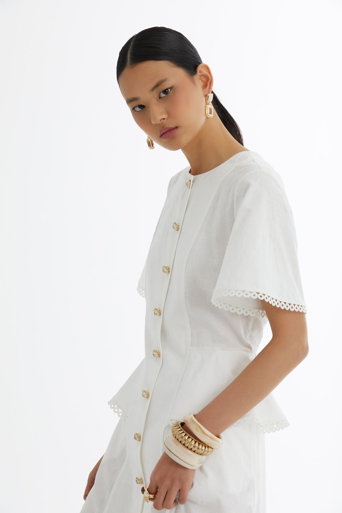 Ecru Piped Detail Patterned Dress