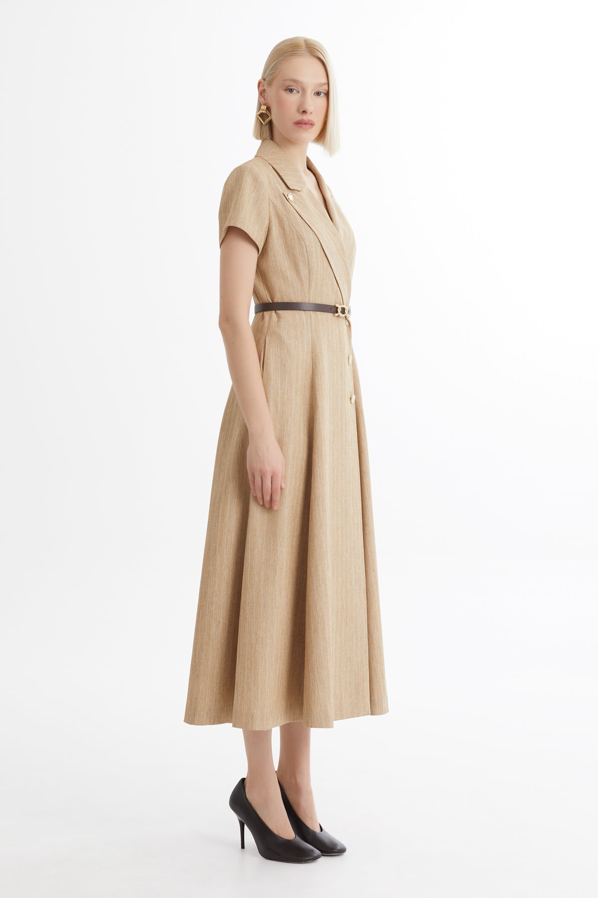 Brown Belted Flounce Dress