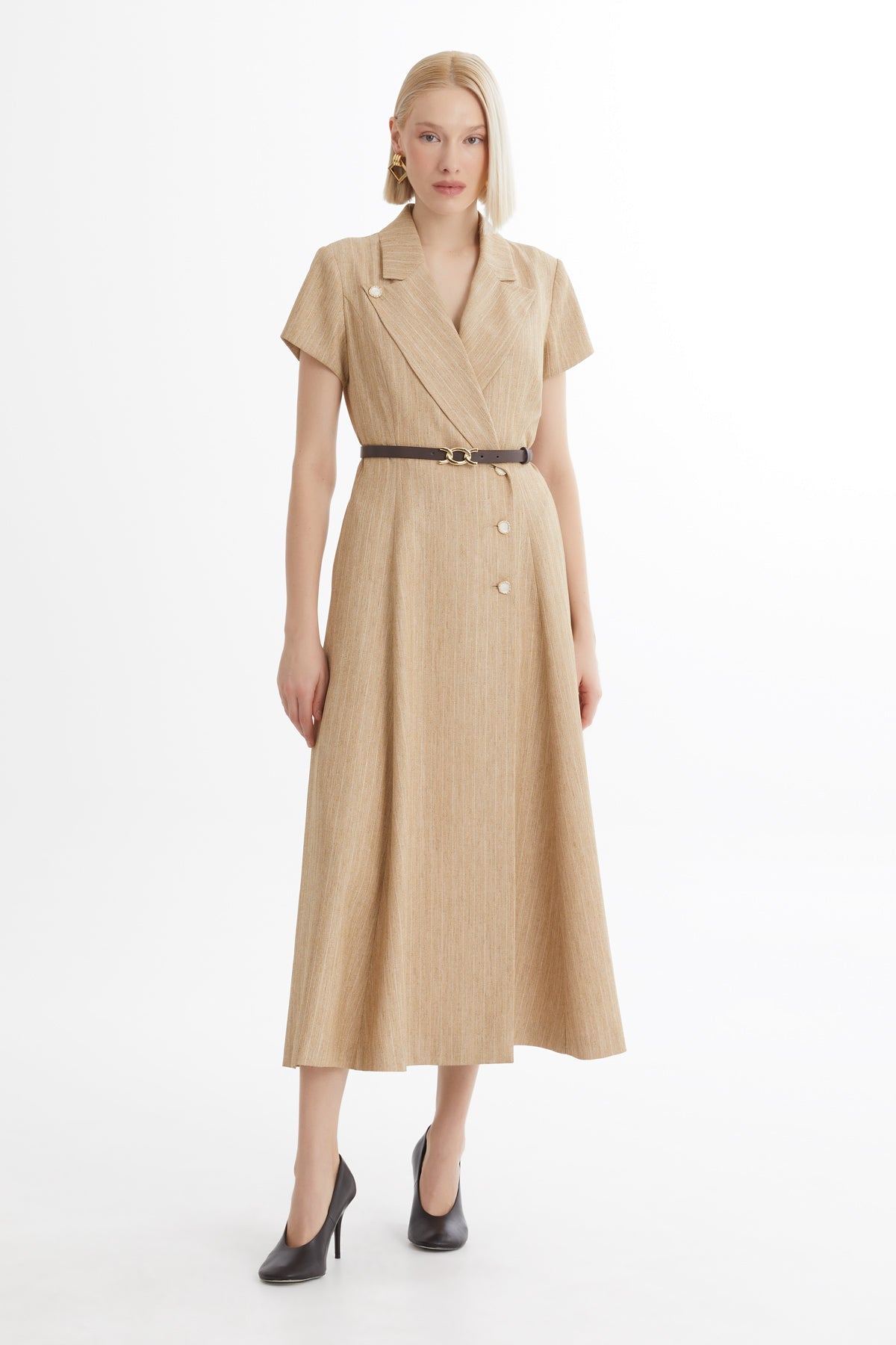 Brown Belted Flounce Dress