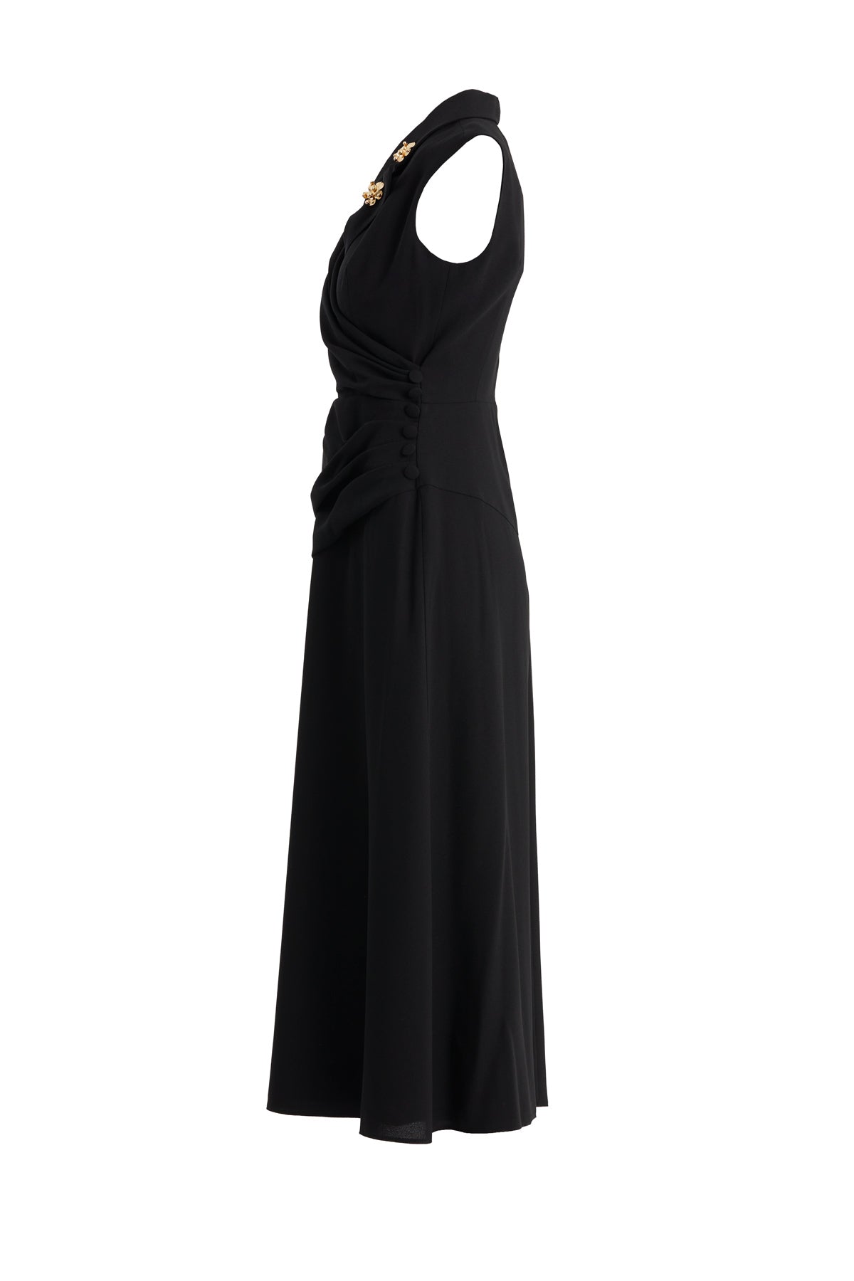 Black Pleated Waist Brooch Detail Midi Dress
