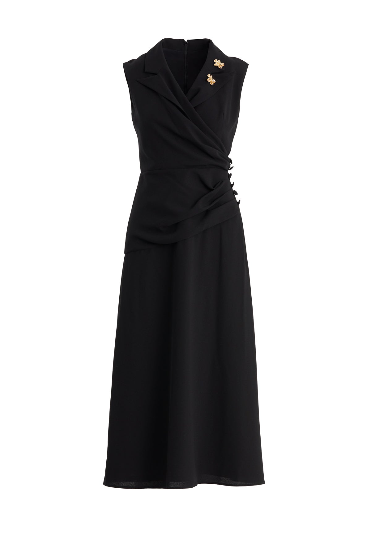 Black Pleated Waist Brooch Detail Midi Dress