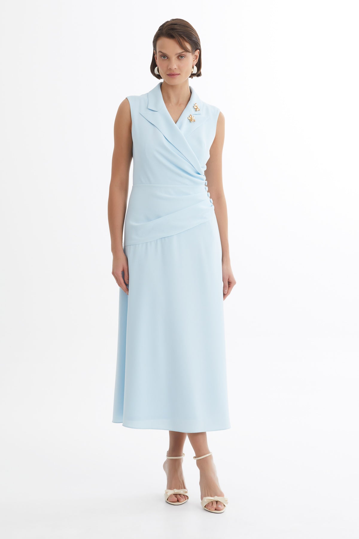 Blue Pleated Waist Brooch Detail Midi Dress