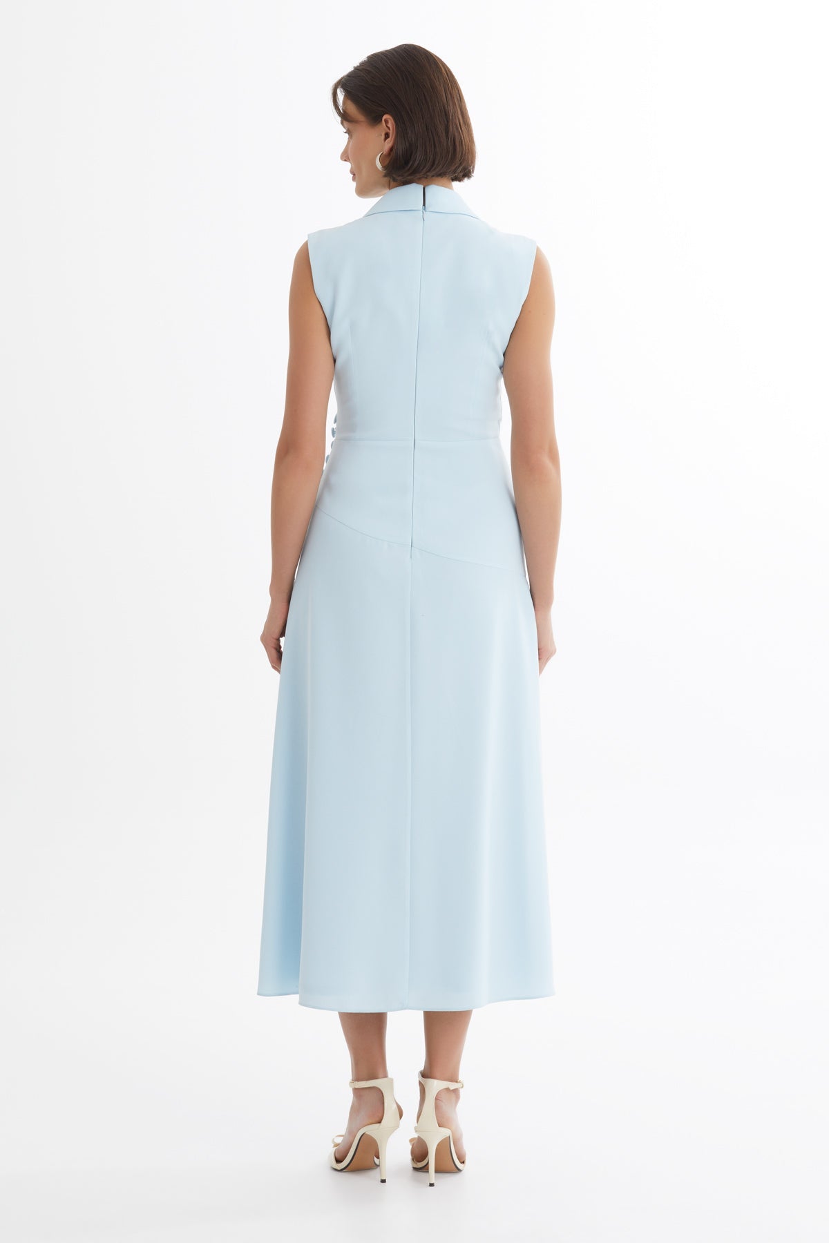 Blue Pleated Waist Brooch Detail Midi Dress