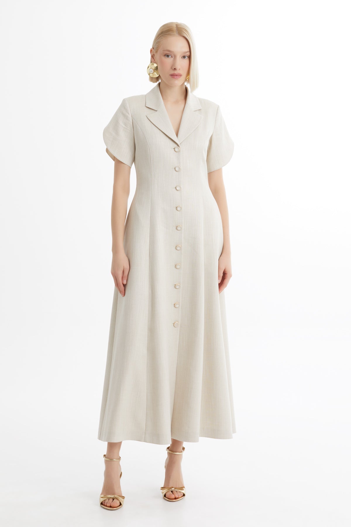Ecru Short-Sleeve Ruffle Midi Dress