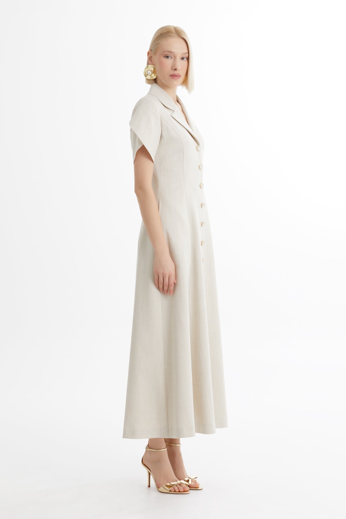 Ecru Short-Sleeve Ruffle Midi Dress