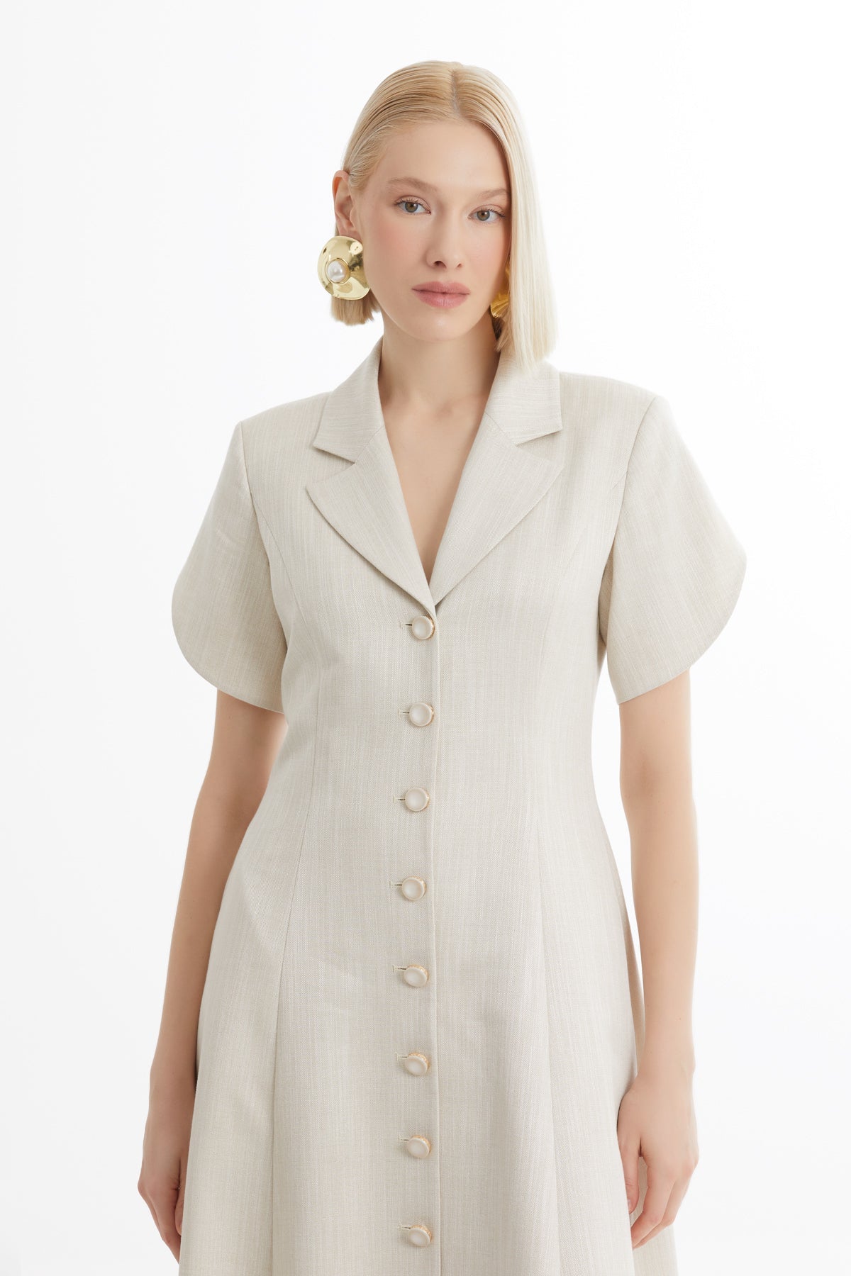 Ecru Short-Sleeve Ruffle Midi Dress
