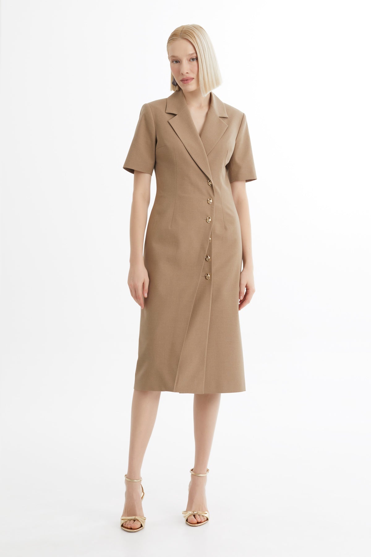 Beige Short-Sleeve Midi Dress