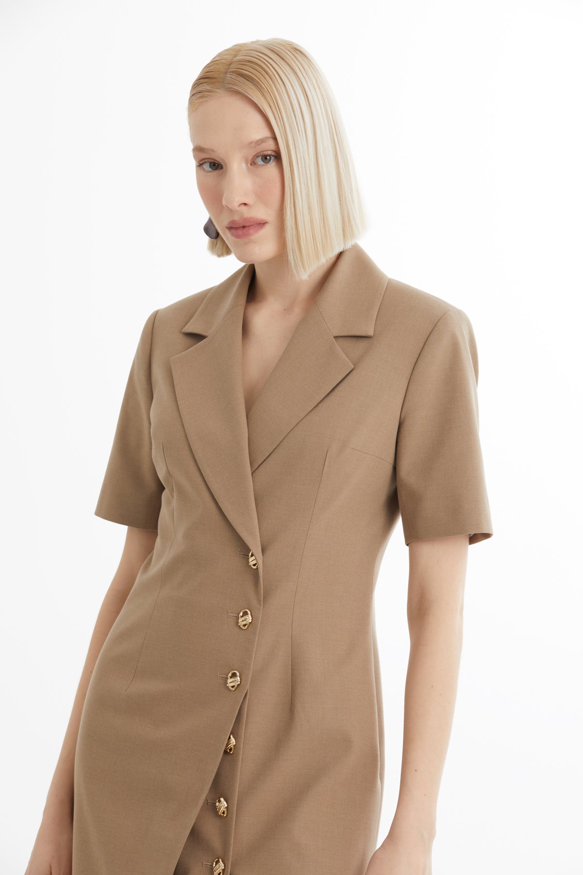 Beige Short-Sleeve Midi Dress