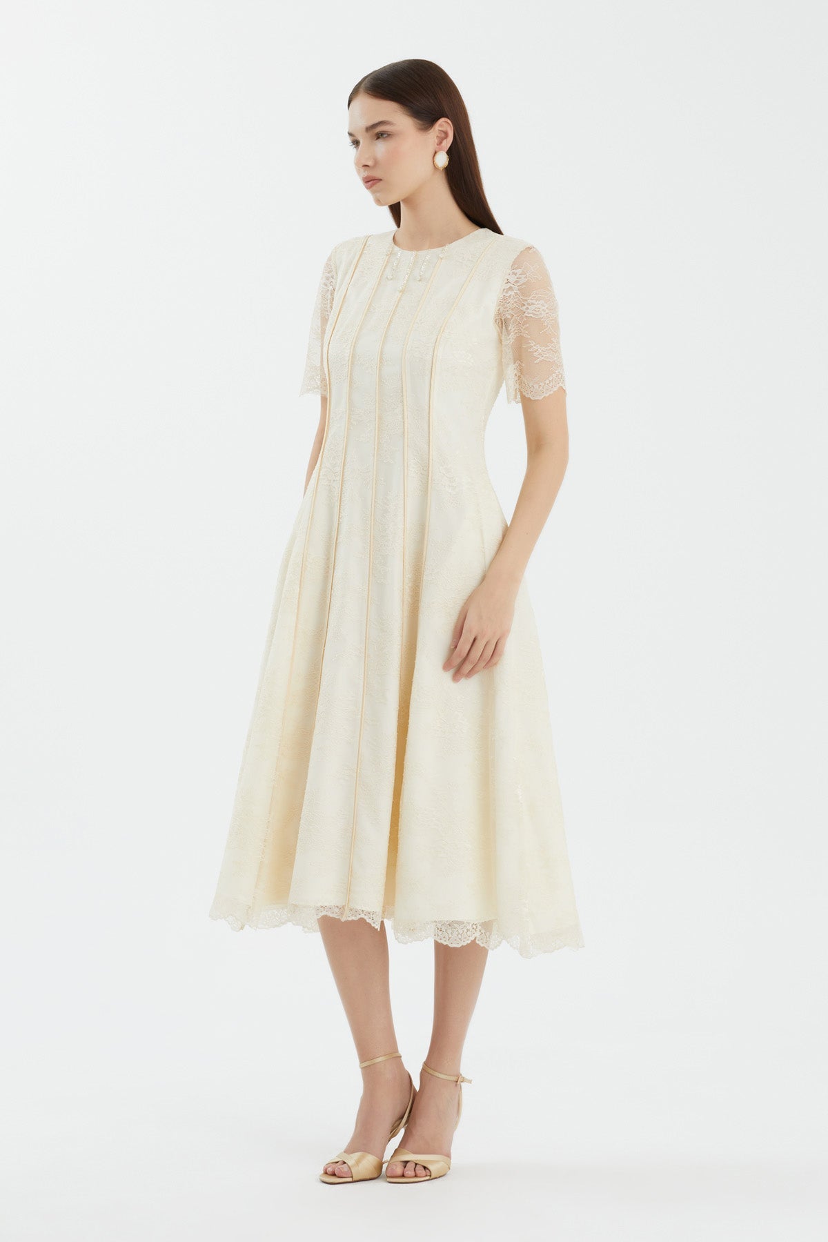 Beige Embroidered Lace Detailed Midi Dress