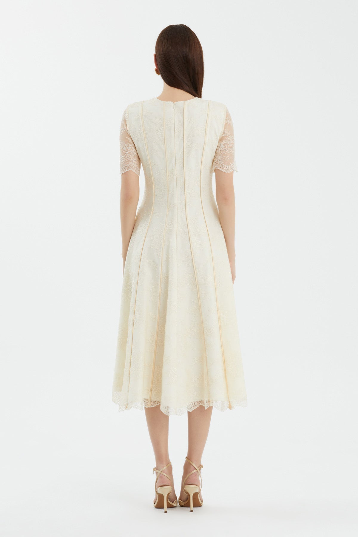 Beige Embroidered Lace Detailed Midi Dress