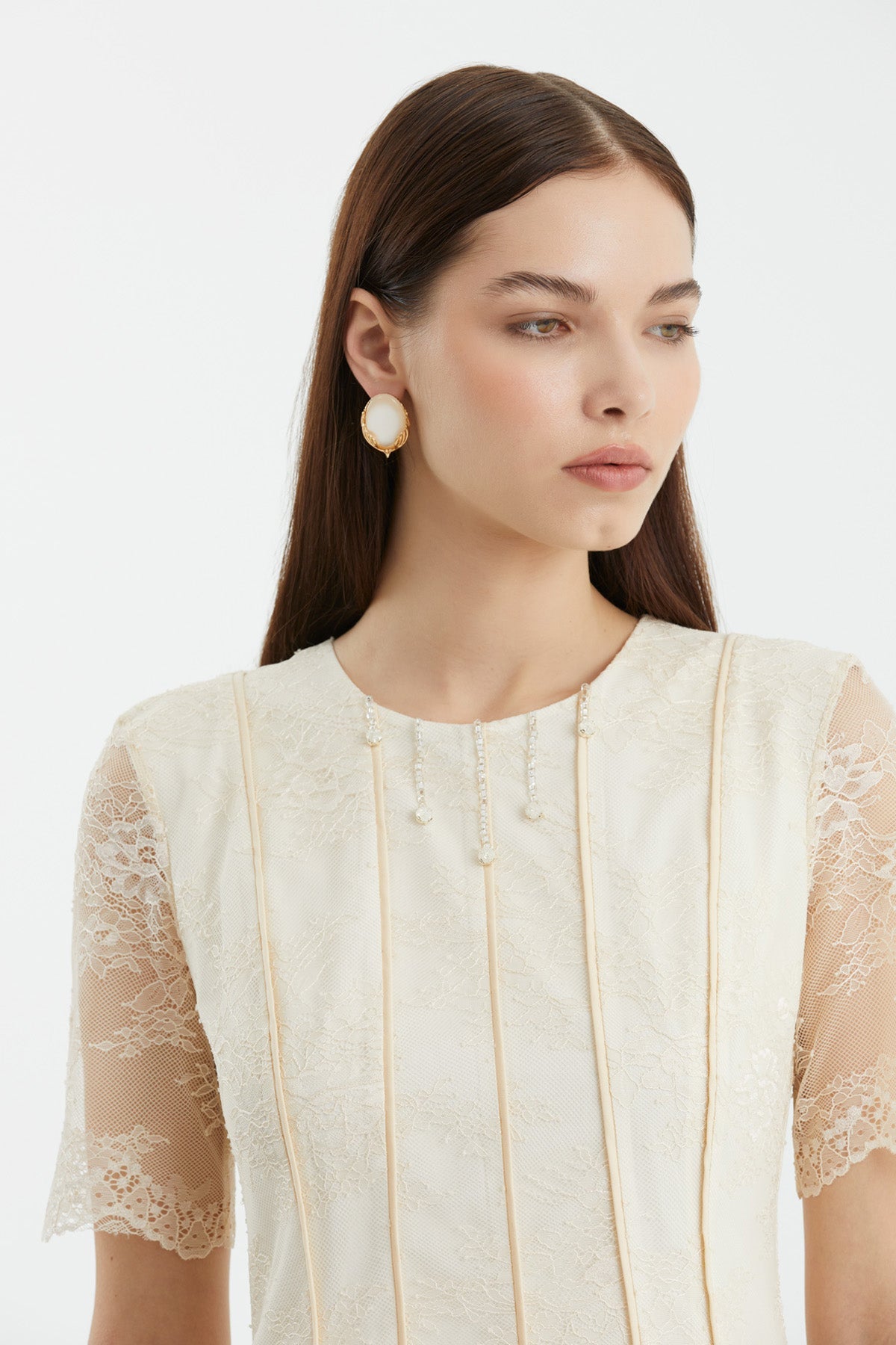 Beige Embroidered Lace Detailed Midi Dress