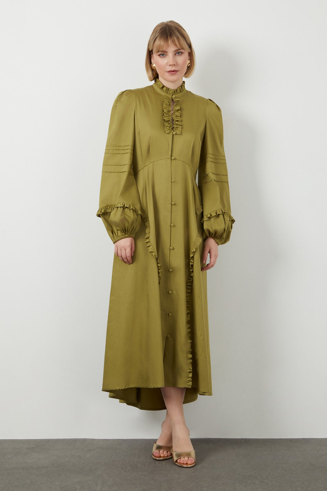 Ruffle Collar High-Low Hem Unlined Green Dress N