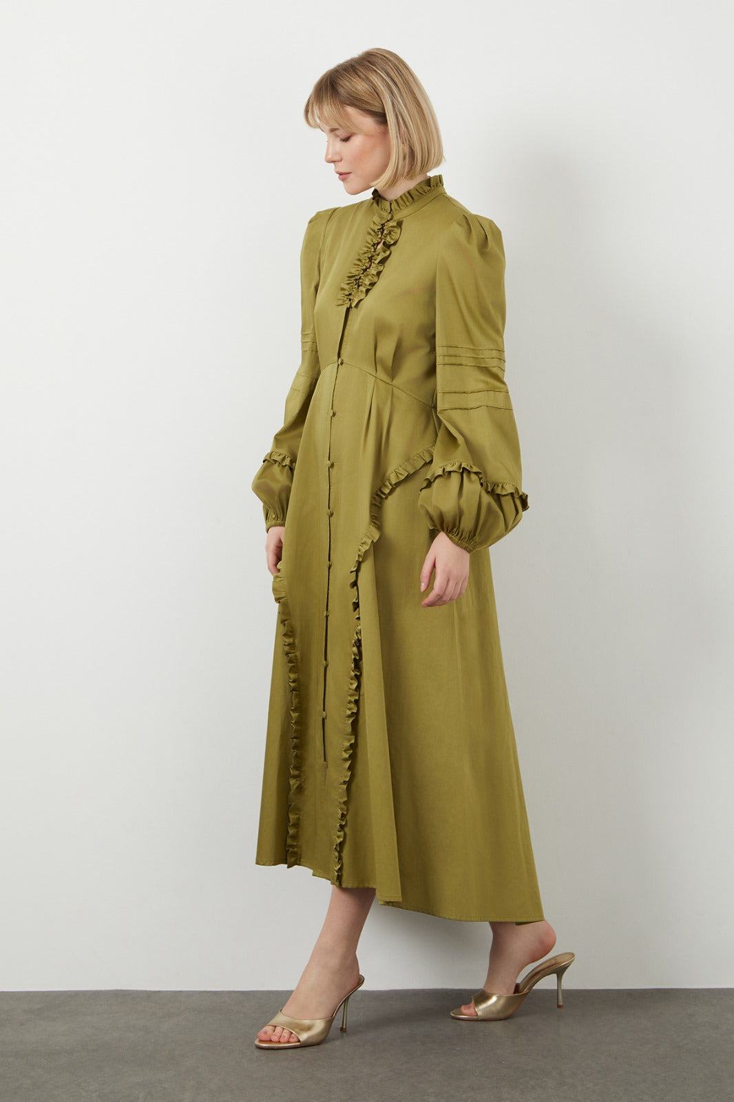 Ruffle Collar High-Low Hem Unlined Green Dress N