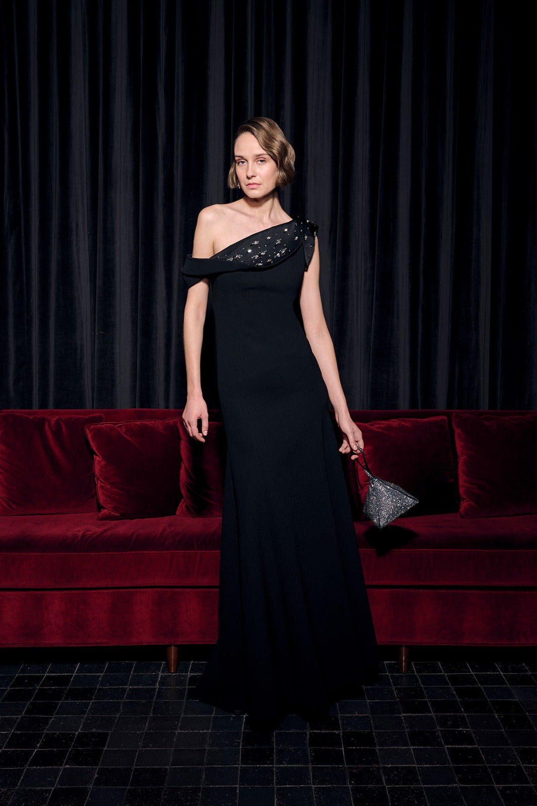Black Embroidered Low-Neck Maxi Dress