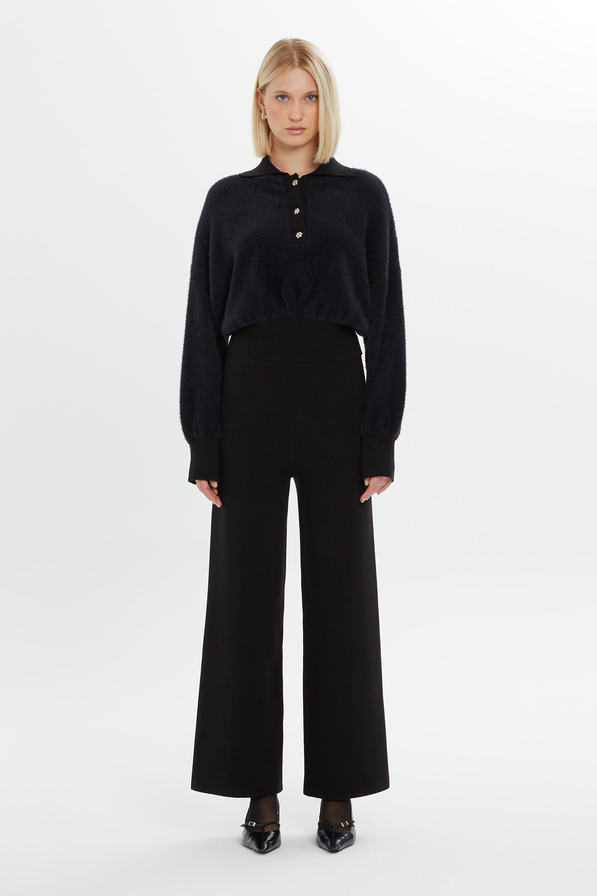 Shirt Collar Front Button Detail Black Blouse N